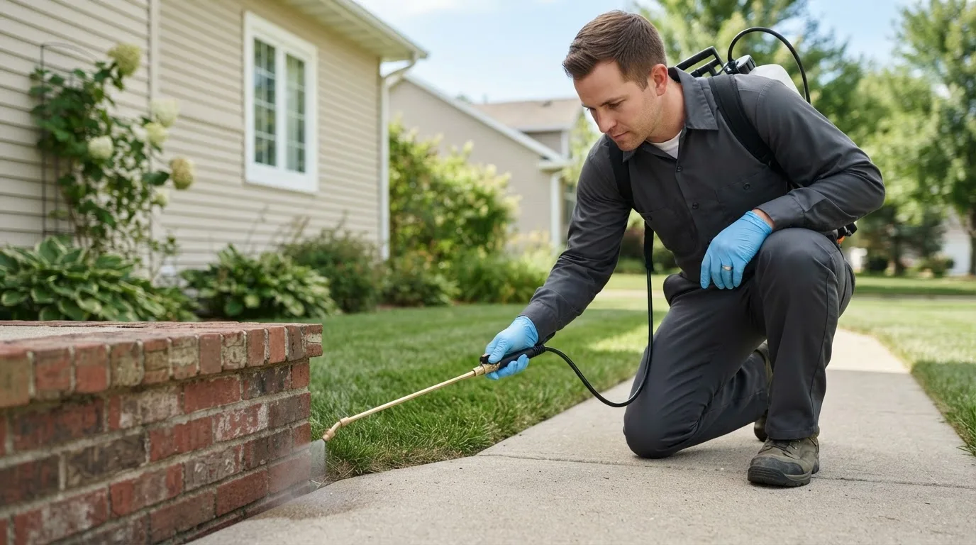 Pest control technician treating a home near Melrose, MA